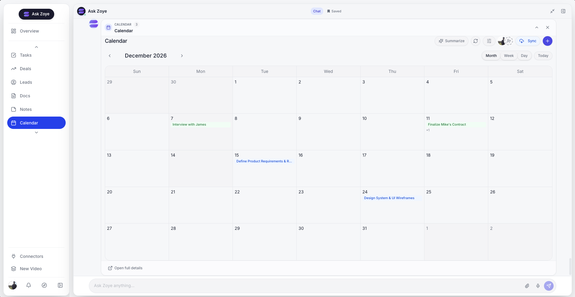 Tasks appear on the Zoye calendar automatically - no sync setup, no integration, no duplication of effort