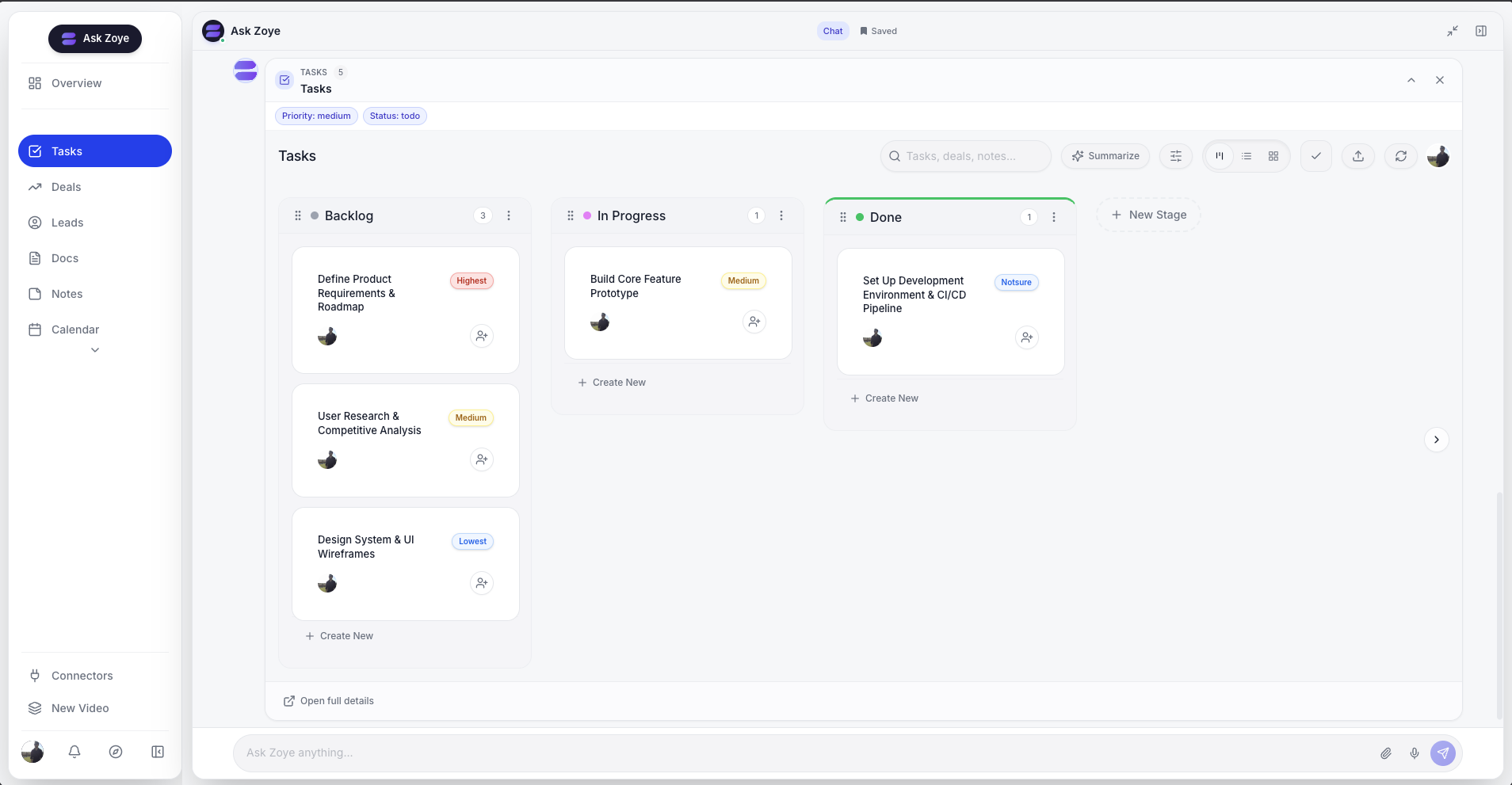 Zoye's task board: straightforward Kanban with priority labels, ready to use without any setup or template configuration